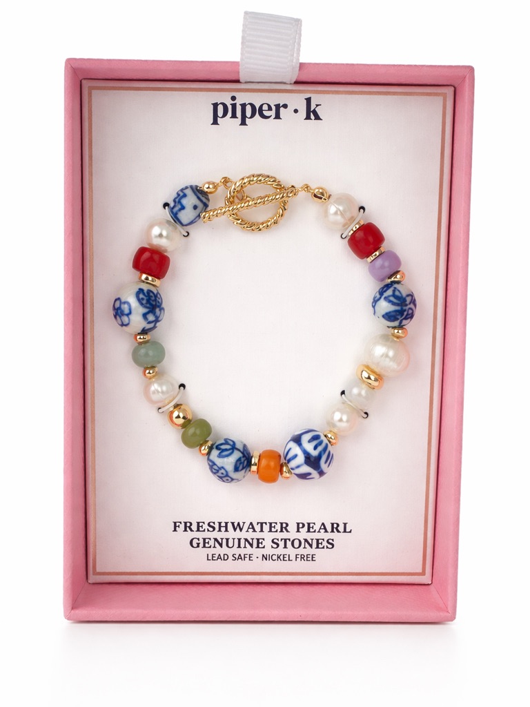 PiperK Blue Multicolor Porcelain Freshwater Pearl Genuine Stones Bracelet 29$